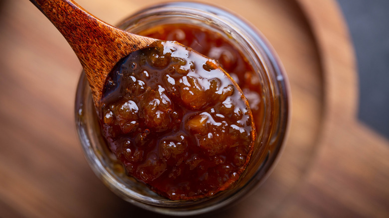 Close up of chunky tomato burger relish