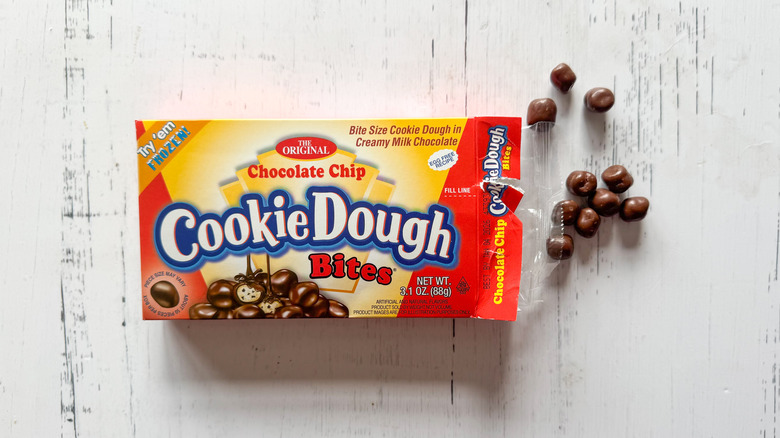Cookie dough bites candy on white surface