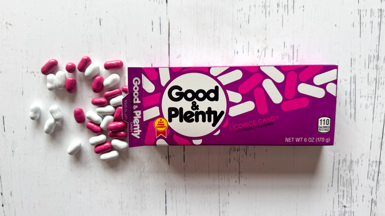 Good & Plenty candy on white surface