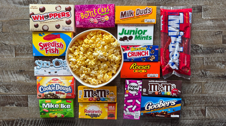 Movie theater candy with popcorn bucket