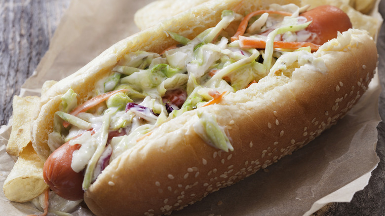 Hot dog with coleslaw and chips