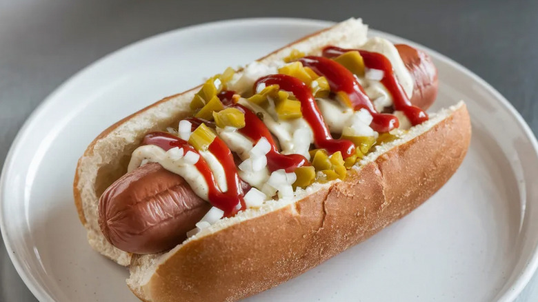 Hot dog with diced white onions