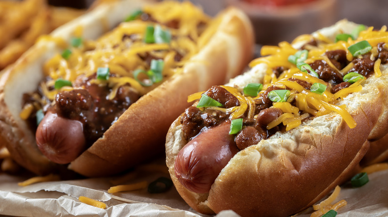 Chili dogs with cheese and toppings