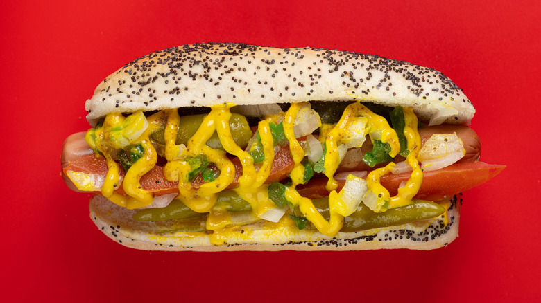 Pickle spears on a hot dog