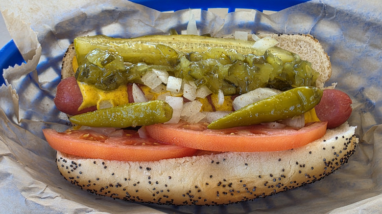 Chicago-style hot dog with sport peppers