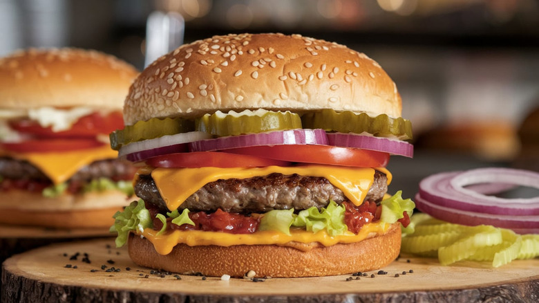 Two cheeseburgers on a wooden surface