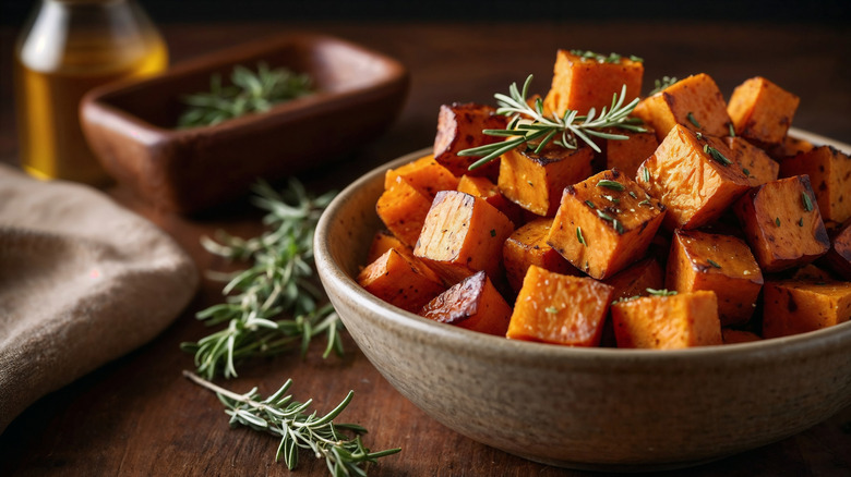 A bowl of cubed, roasted sweet potatoes