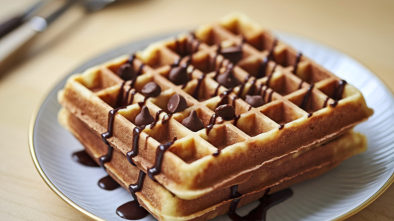 waffles on a plate topped with chocolate chips and chocolate syrup