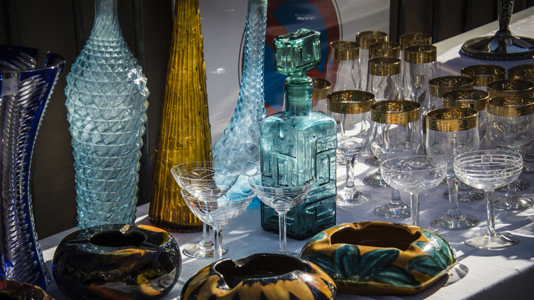 Antique glasswares at a market.