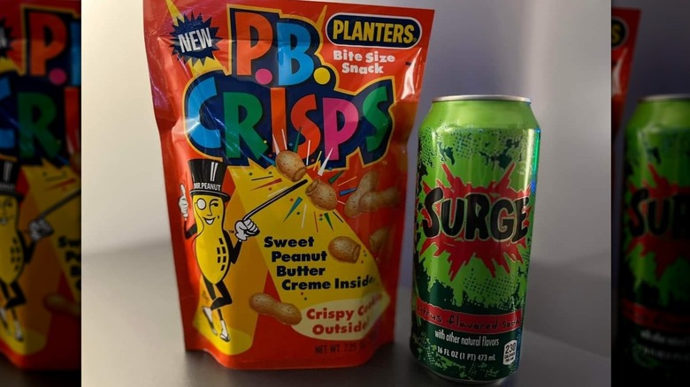 Bag of PB Crisps next to a can of Surge soda
