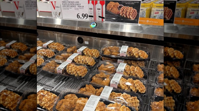 Costco's prepared chicken and waffles in plastic containers in a store refrigerator