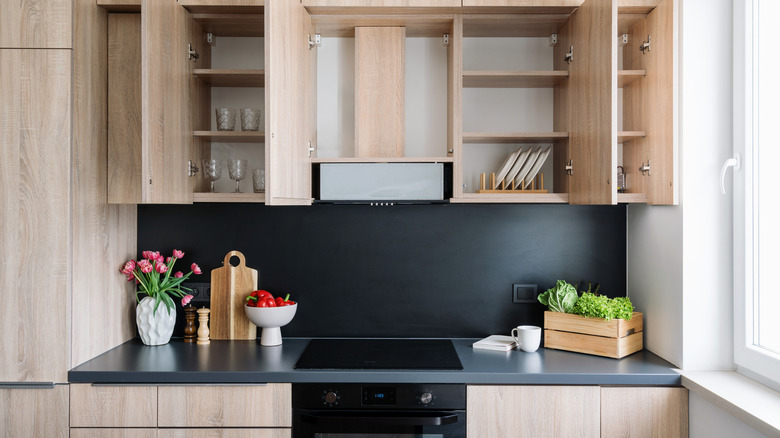 Kitchen with open cabinet doors