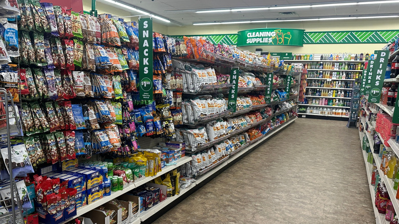 Dollar Tree aisle of shelf stable products.