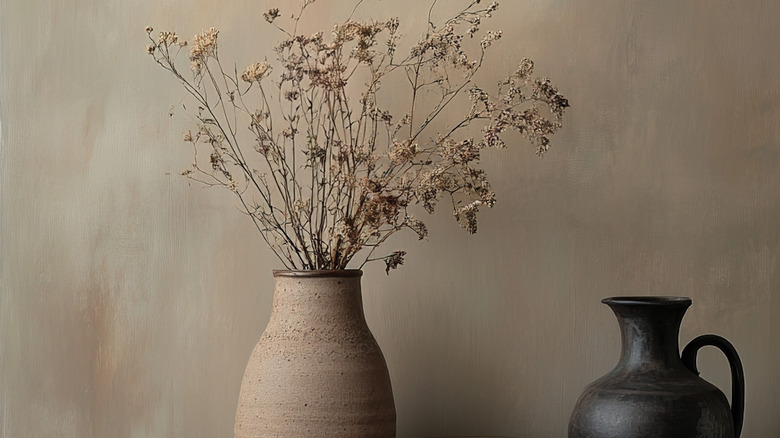 Decorative stoneware pitchers and bowl on a table
