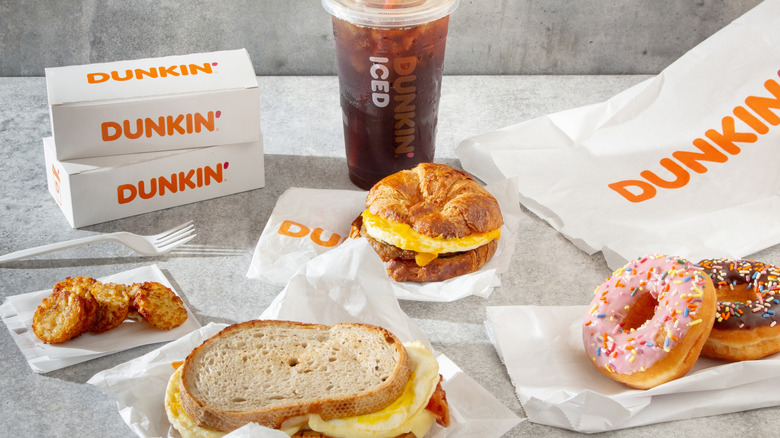 an array of dunkin donuts breakfast foods