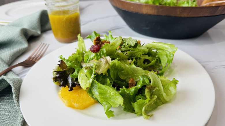 Red wine vinaigrette tossed into salad