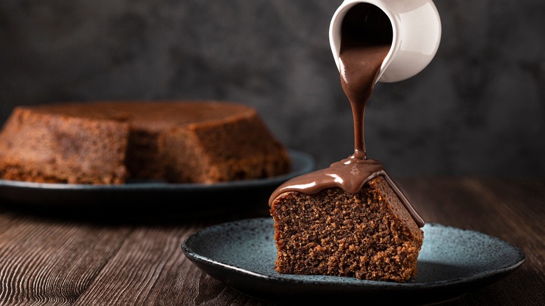 Melted chocolate poured on cake