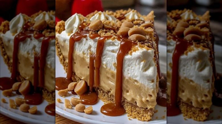 Butterscotch pudding pie topped with caramel and butterscotch chips
