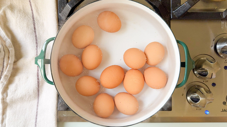 Brown eggs in pot of water on stovetop