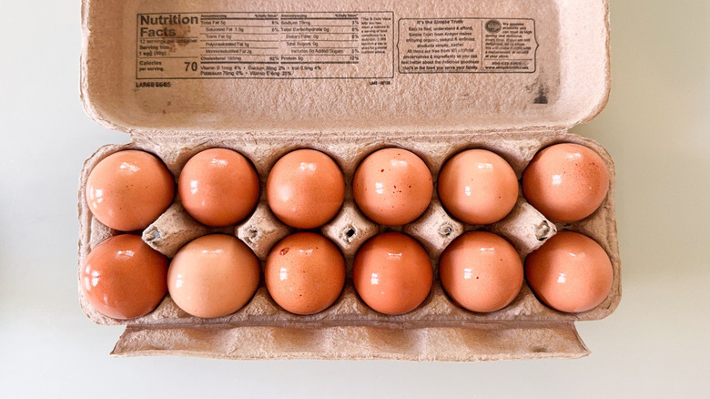Hard boiled brown eggs in egg carton