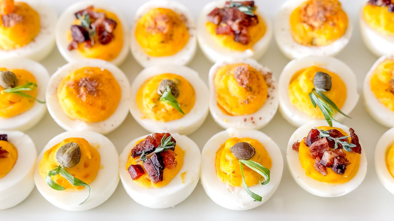 Trio of Easter (or all-year) deviled eggs up close