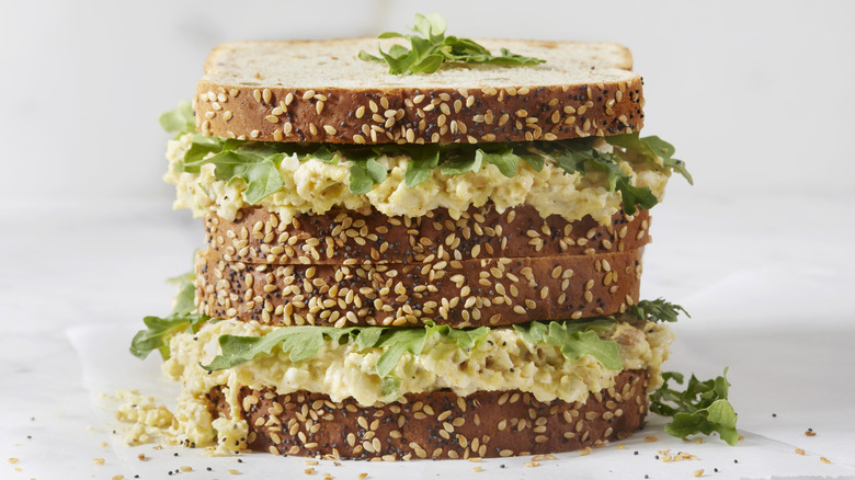 Stacked egg salad sandwich
