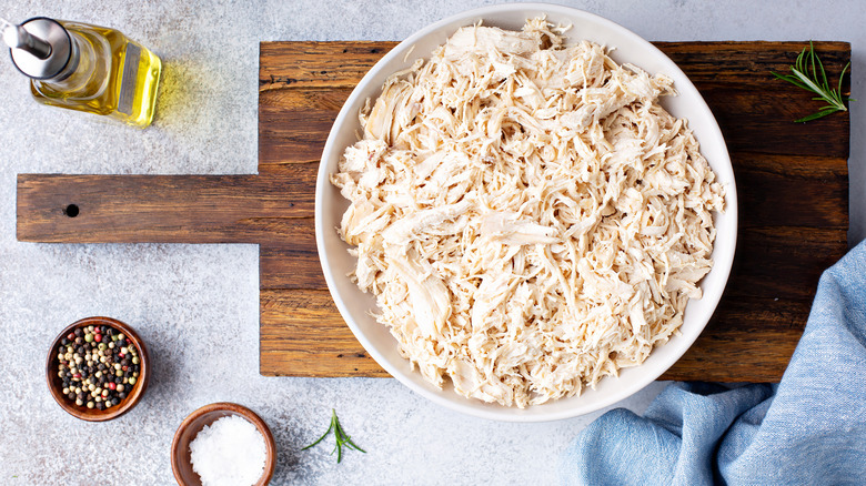 Large bowl of plain shredded chicken
