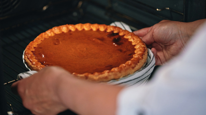 Freshly baked pumpkin pie being taken out of the oven