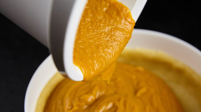 Pumpkin puree being poured from a spoon into a bowl