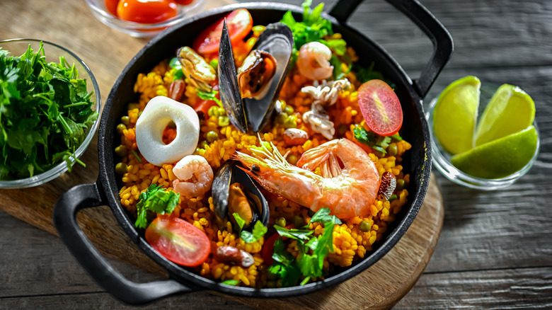 Seafood paella in a traditional pan