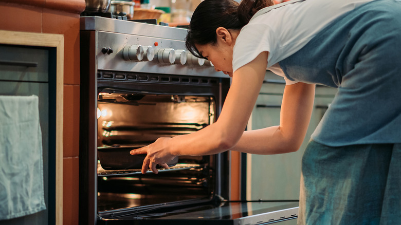 Woman putting baking dish into conventional oven