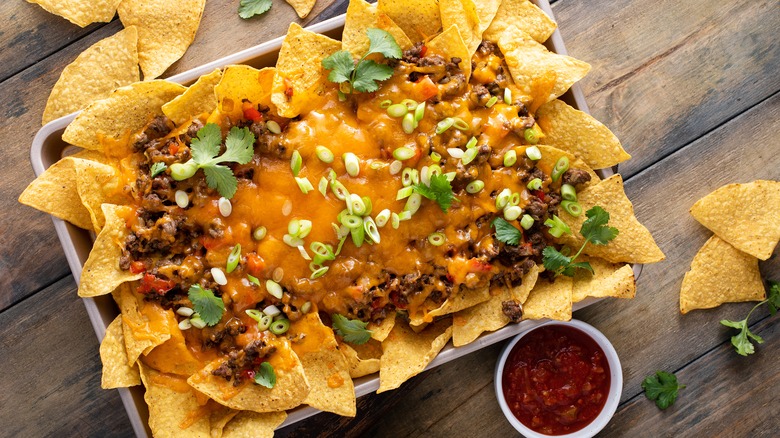 cheesy beef nachos in pan