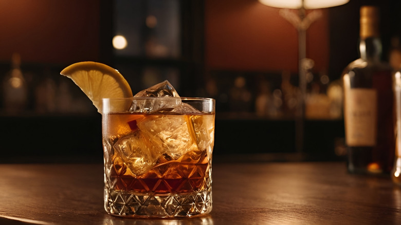 Whiskey on the rocks in an old-fashioned glass placed on a bar