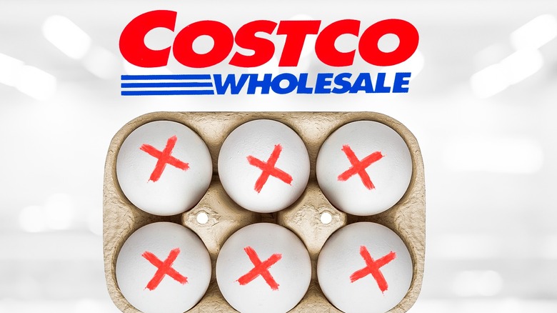 Costco's logo above a carton of six eggs with red Xs marked on their shells.