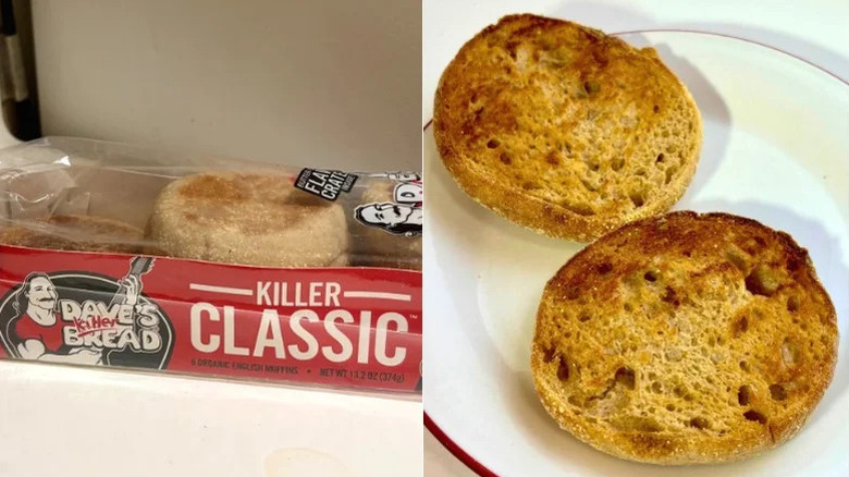 Dave's Killer Bread killer classic English muffins in the package and on a plate