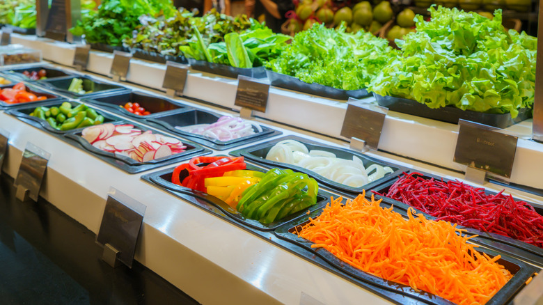 A typical American salad bar with an abundance of fresh ingredients like lettuce, julienne carrots, bell pepper, and more