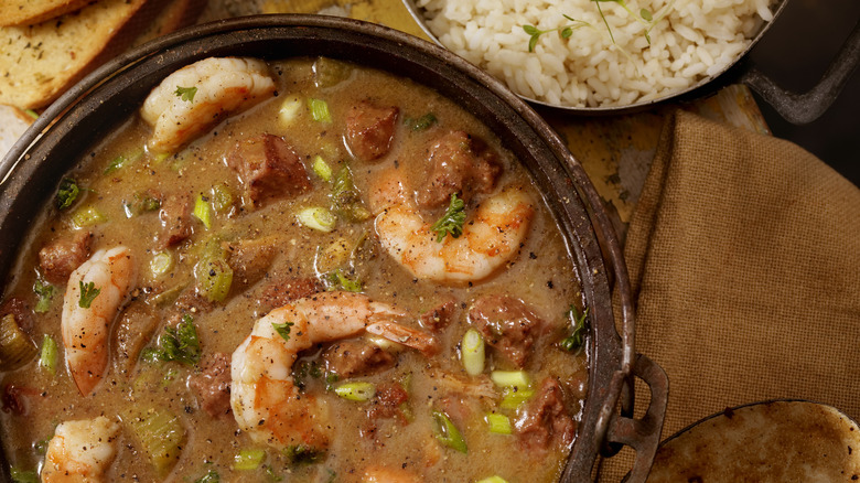 Bowl of gumbo on a table