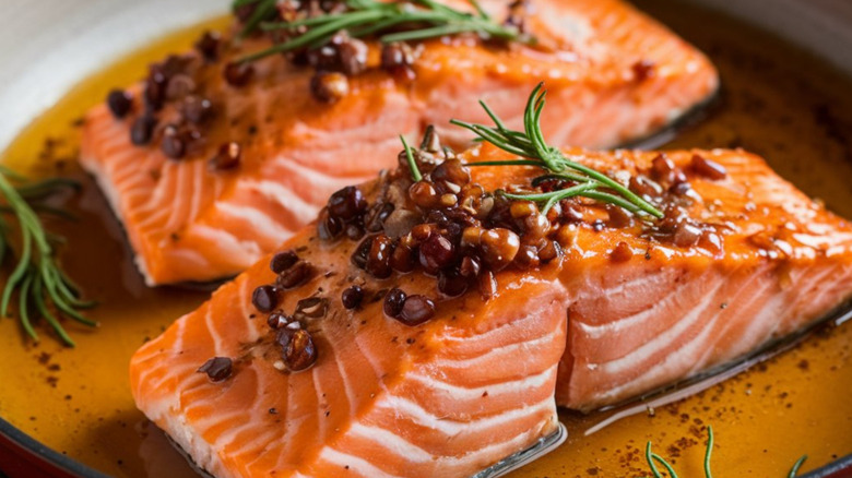 A close-up of a saucy salmon topped with fresh garnish.