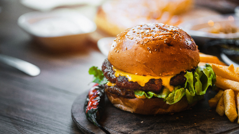 Cheeseburger on a plate with fries on the side