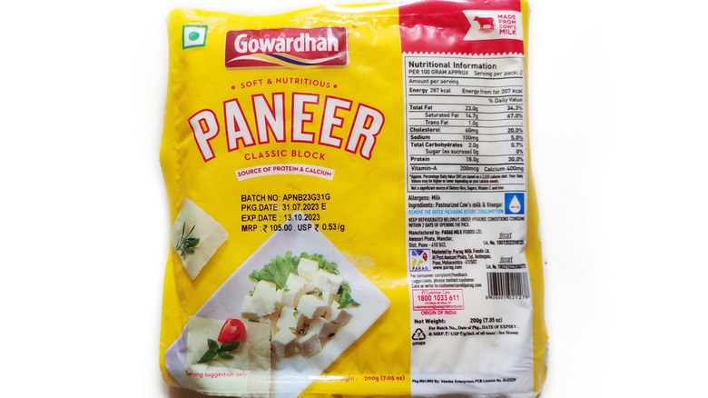 A package of store-bought paneer made with cow's milk