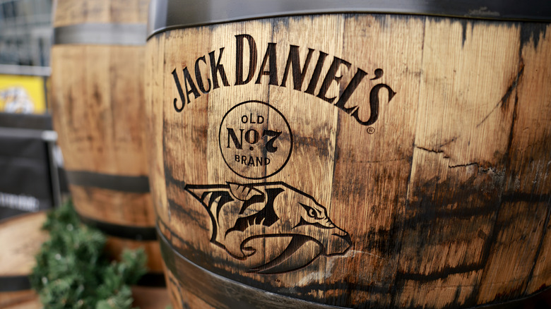 A Jack Daniel's barrel is photographed in close-up.