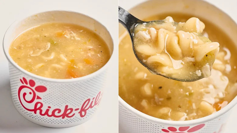 chick-fil-a's chicken noodle soup against a white background