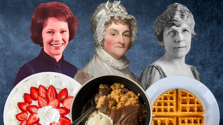 Composite photo showing Rosalynn Carter, Abigail Adams, and Florence Harding with their three favorite dishes, strawberry cake, Indian pudding, and waffles, respectively