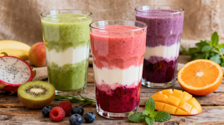 Colorful smoothies in clear glasses with fruit.