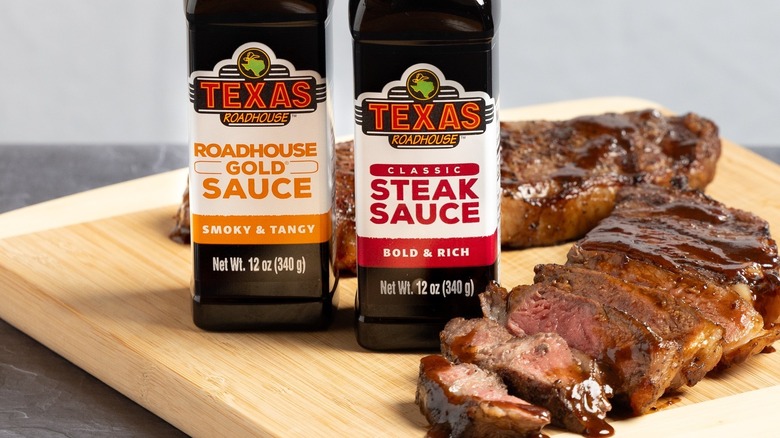 Texas Roadhouse steak and gold sauces