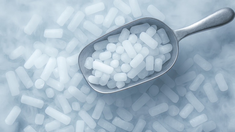 metal scoop buried in ice cubes