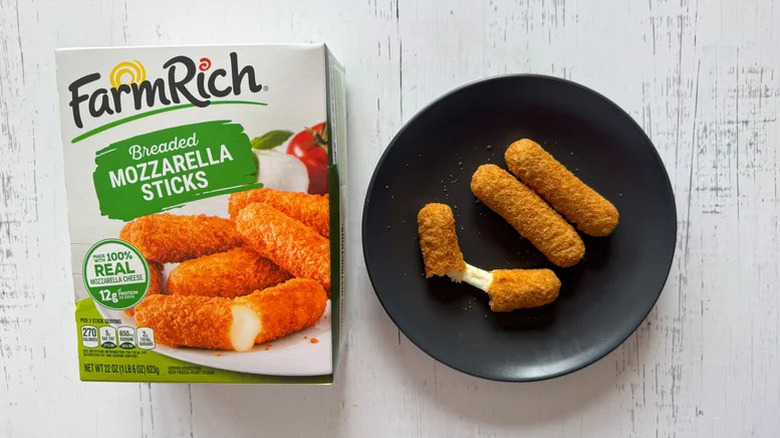 Farm Rich Breaded Mozzarella sticks package and a bowl