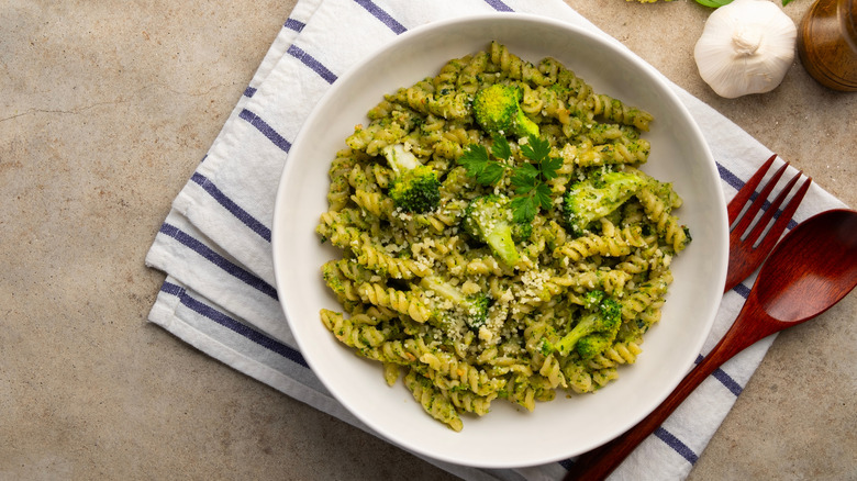 Serving of broccoli pesto pasta in a bowl