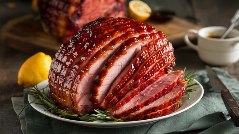 Juicy glazed sliced ham on a white platter