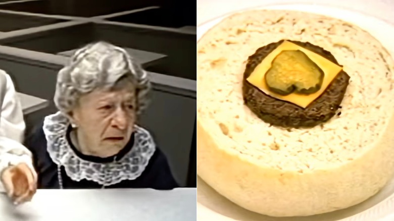 A split screen shot of Clara Peller and the tiny meat patty burger from the "Where's the Beef?" 1984 Wendy's ad